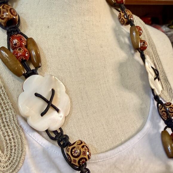 VTG Boho Chinese Zodiac Medallion Wood Bead Mother Of Pearl Hip Belt Or Necklace main image 16